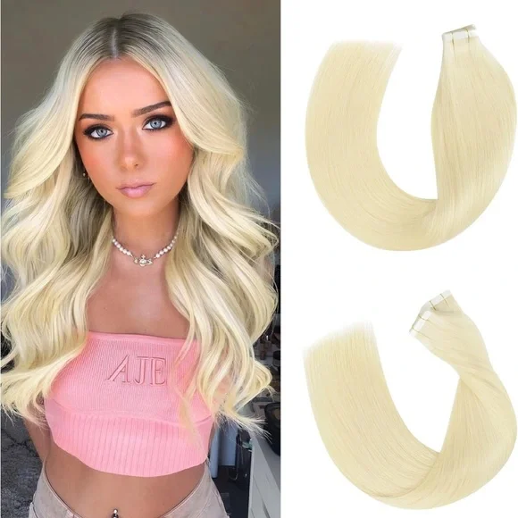 20pcs 50g 16 Inch Platinum Blonde Remy Human Hair,Straight Seamless Tape Ins - Picture 1 of 5